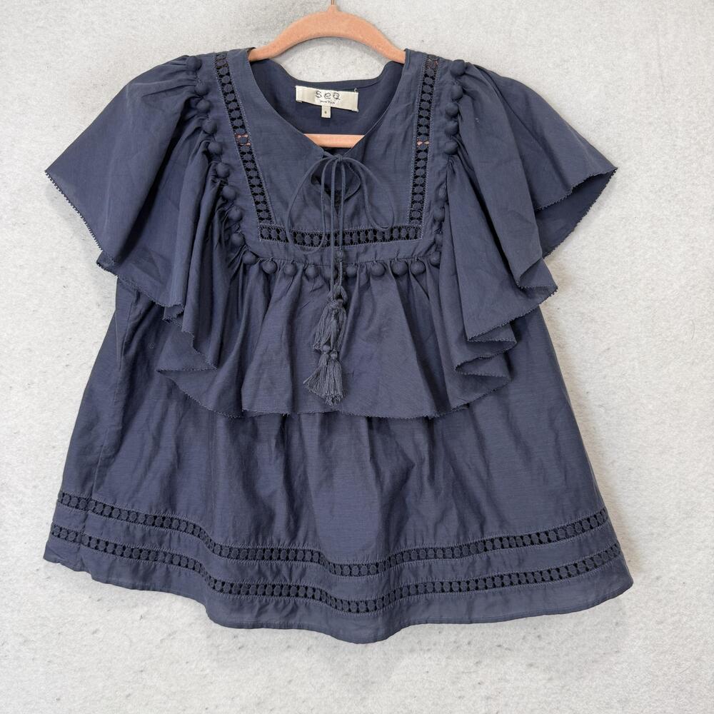 Sea New York Blouse Womens 8 Blue Crochet Ruffle Tunic Top Flutter Sleeve Boho